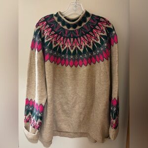 CeCe Beige and Pink Fair Isle Sweater